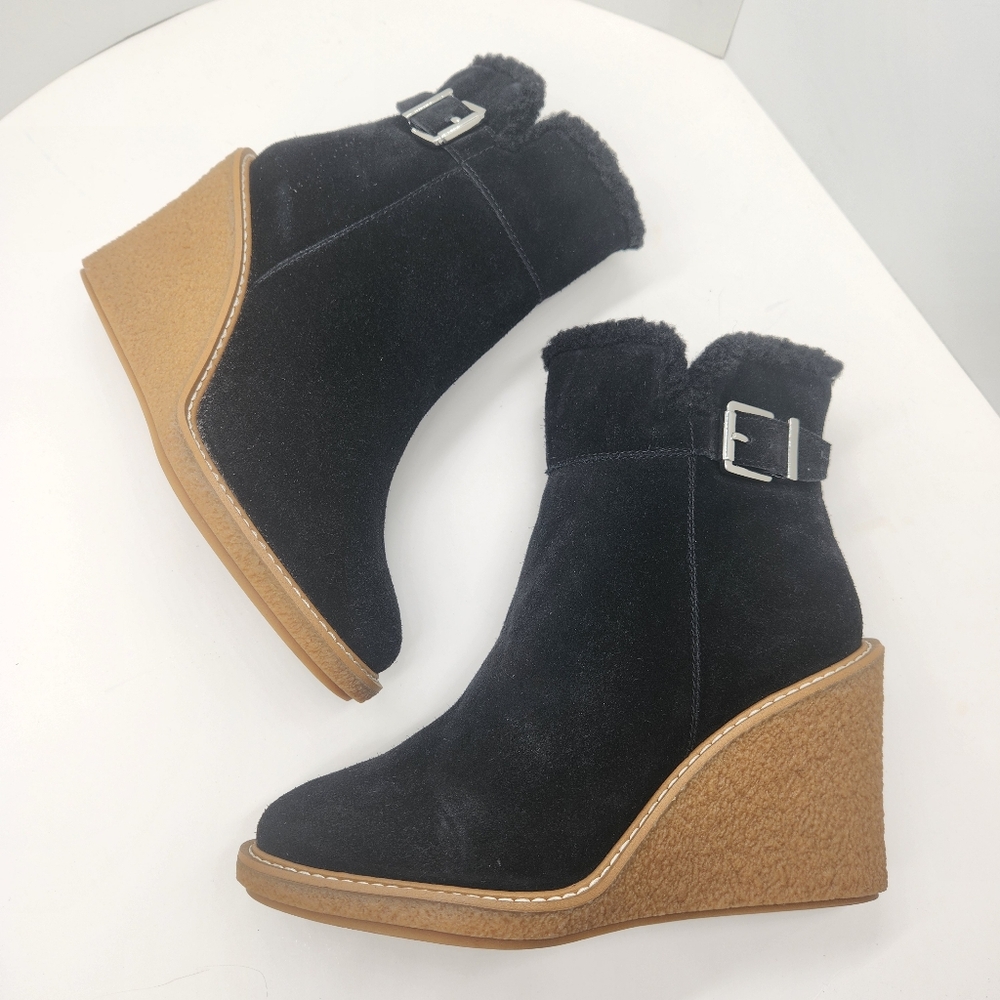 Franco Sarto Wedge Booties 10 Black Suede Ulayna Ankle Fuzzy Winter New $185